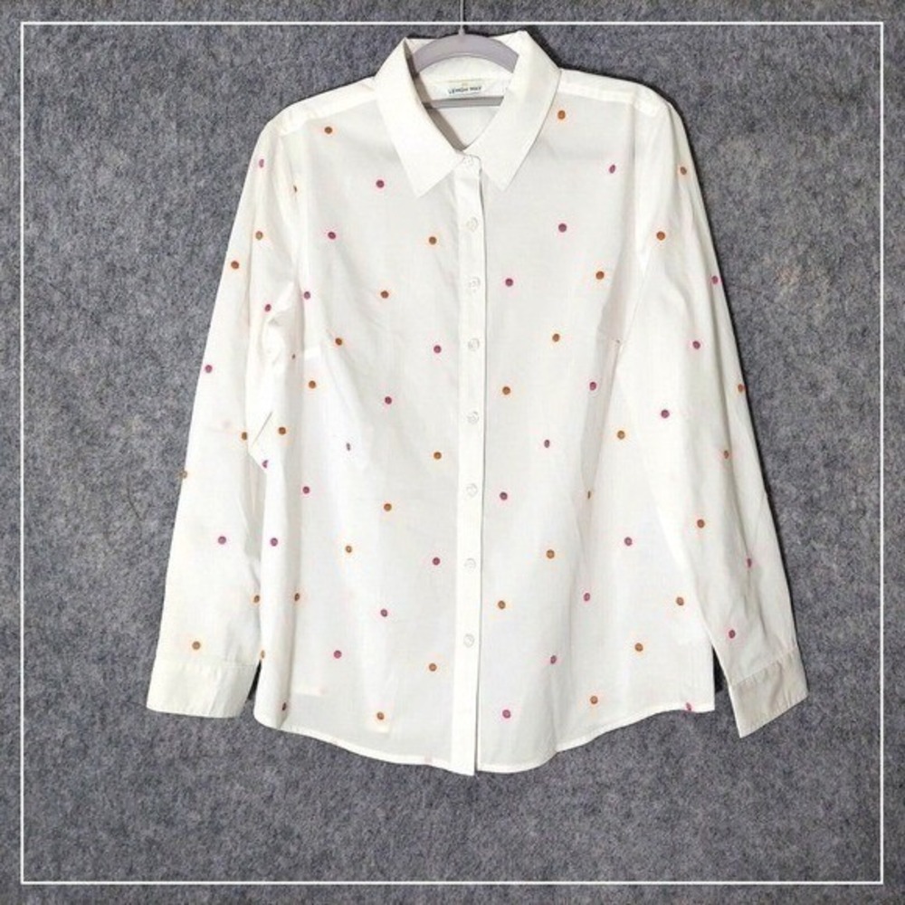 Lemon Way Shirt Women M White Embroidered Polka Dot Button Front Cottagecore Top